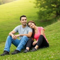 Fototapeta premium Photo of Smiling Couple Relaxing on Green Grass in Sunny Daylight Outdoors