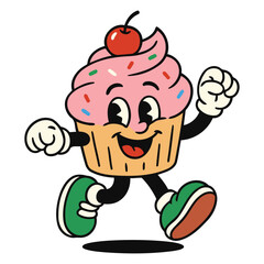 Cupcake Cartoon Mascot with Cherry on Top Running