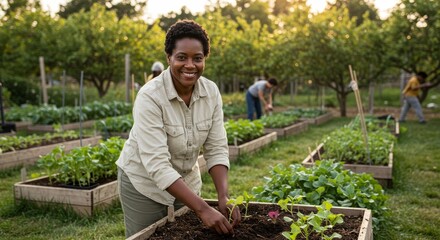 Fototapeta premium Photo Of Smiling Woman Gardening With Green Plants And Sunlight
