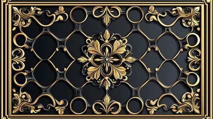 Gold ornate grille, dark background, design element