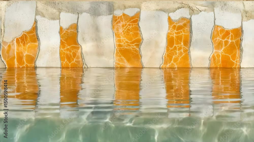 Poster tranquil pool scene with cat reflection surrounded by orange rocks and serene water surface view