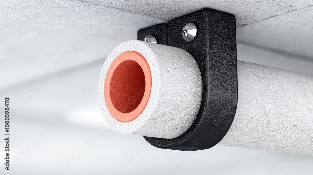 Poster industrial pipe support system close up of multi layer pipe clamp hanger and mount