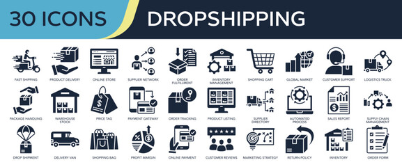 Collection of Dropshipping icons, related to product delivery, shipping, inventory management, sales report, supply chain management and more. Glyph icons vector illustation.