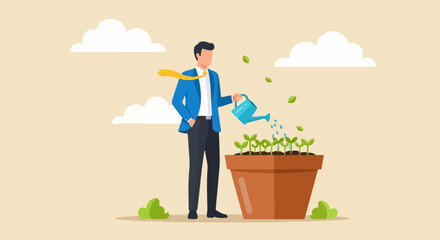 A professional man in business attire watering sprouts in a pot, symbolizing personal growth, business development, and nurturing success in a positive and aspirational setting.