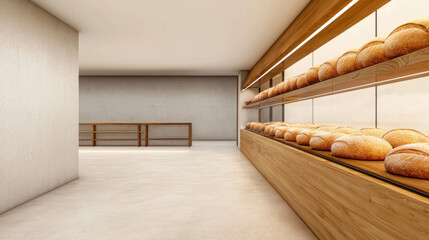 Modern bakery interior design featuring fresh artisan breads on wooden shelves with minimalist decor and bright lighting for a welcoming atmosphere