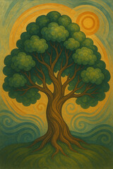 artistic painting of a majestic banyan tree, depicted in a decorative and expressive style.