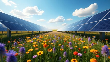 Solar Energy: Blossoming meadows with solar panels, capturing the essence of sustainable power and eco-friendly energy.