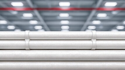 Fototapeta premium Industrial Conveyor System White Pipes Metal Clamps Factory Ceiling