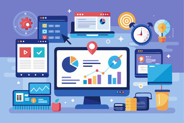 Business person interacting with a futuristic digital marketing interface, showcasing online advertising analytics, data charts, email marketing, and campaign performance metrics on a virtual screen. 