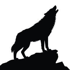 Silhouette of a Howling Wolf Standing on a Rock Isolated on White