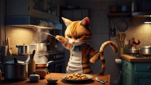 Cat chef cooking pasta in kitchen at night