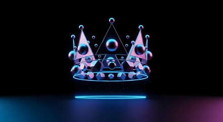 Abstract Futuristic Illustration of a Crown Formed by Hovering Geometric Shapes—Triangles, Spheres, and Polygons—Arranged in a Perfect Circular Formation, Emitting a Soft Pulsating Glow to Symbolize D