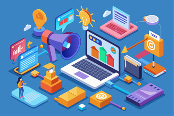 Obraz premium Business person interacting with a futuristic digital marketing interface, showcasing online advertising analytics, data charts, email marketing, and campaign performance metrics on a virtual screen. 