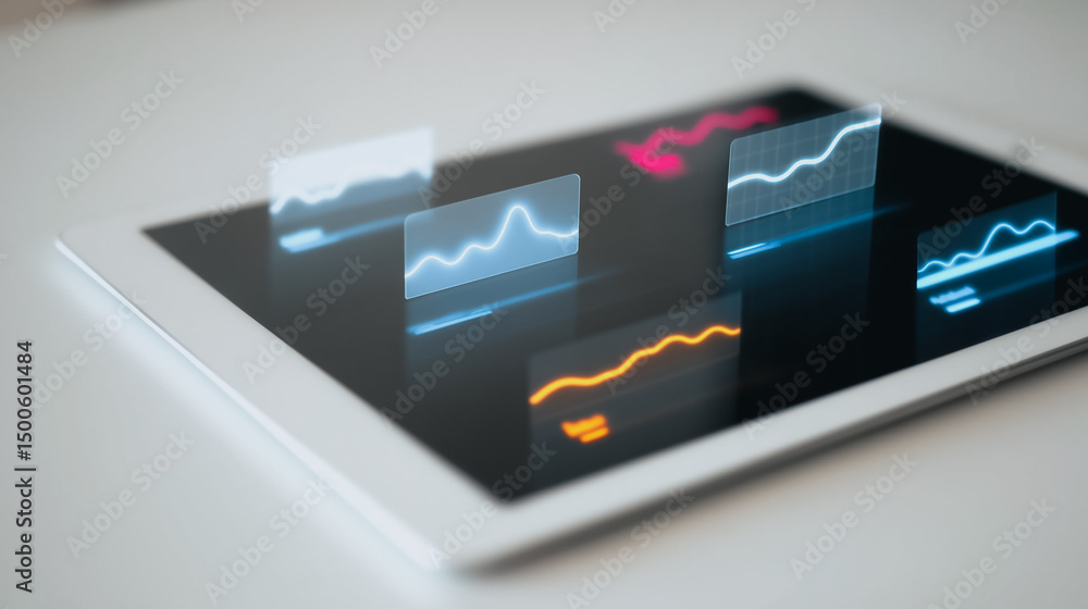 Poster digital tablet with data charts: a modern digital tablet displays various data charts, graphs, and g