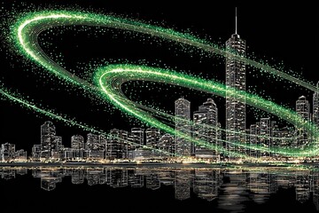 Urban cityscape illuminated by glowing green trails