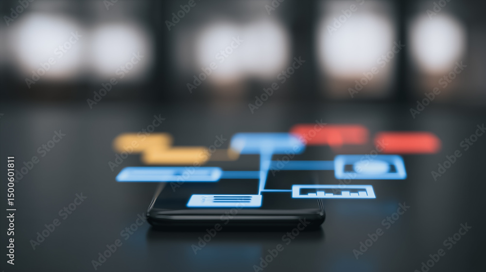 Poster networked smartphone: a sleek smartphone interface displays an intricate network of interconnected d