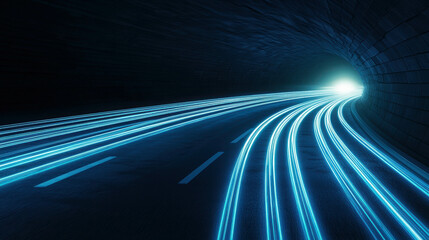 Futuristic tunnel with glowing light trails and curving road creating a dynamic sci-fi ambiance, showcasing concept of speed and motion in dark environment