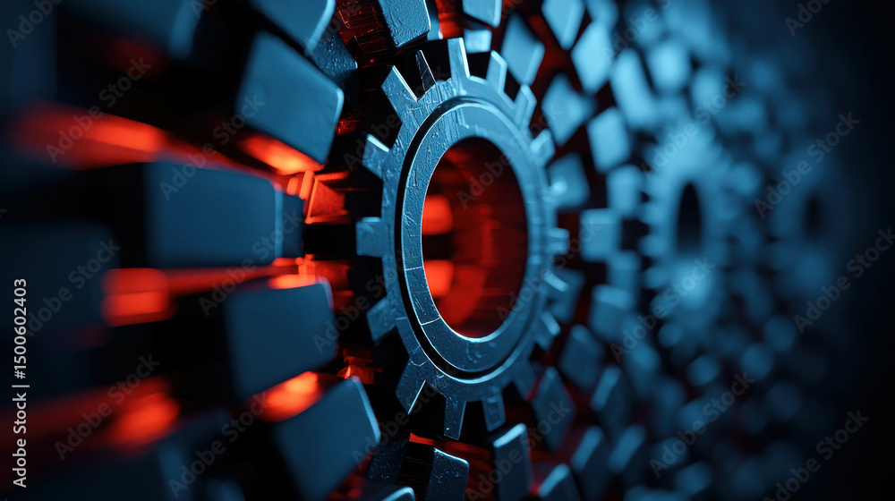 Poster abstract close-up view of mechanical gears with intricate details, glowing edges, and a dark backgro