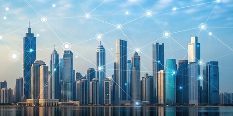 City skyline with digital connectivity overlay representing technology and networking.