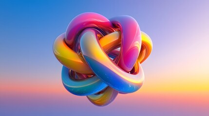 Colorful, intertwined, abstract shapes against a pastel sky.