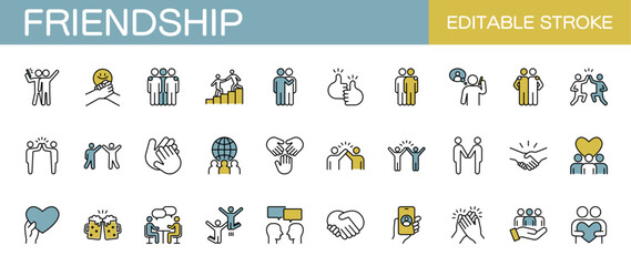 Friendship line icons set. Friends, community, communication and teamwork. Editable stroke. Colored vector illustration