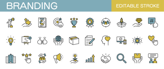 Branding line icons set. Business, management, marketing and product. Editable stroke. Colored vector illustration
