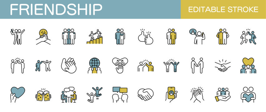 Friendship line icons set. Friends, community, communication and teamwork. Editable stroke. Colored vector illustration