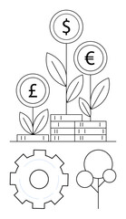 Currency symbols on plants sprouting from coin stacks, gear symbolizing progress, tree representing sustainability. Ideal for finance, investment, economic growth, innovation, wealth, business