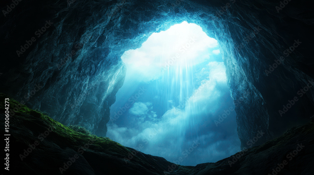 Poster light rays streaming through cave opening surrounded by shadows with lush green moss and ethereal bl