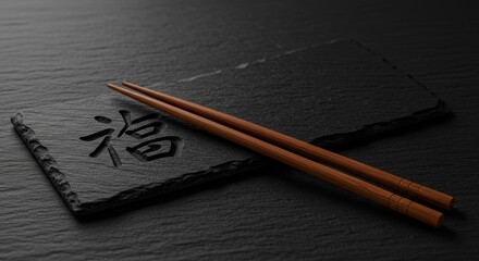 Photo of Wooden Chopsticks on a Black Slate with Asian Symbol