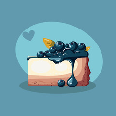 Cute cartoon blueberry cheesecake with blueberries and cream topping. Delicious dessert illustration. Perfect for food and dessert themes