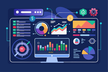 Business person interacting with a futuristic digital marketing interface, showcasing online advertising analytics, data charts, email marketing, and campaign performance metrics on a virtual screen. 