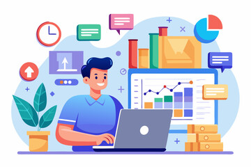 Business person interacting with a futuristic digital marketing interface, showcasing online advertising analytics, data charts, email marketing, and campaign performance metrics on a virtual screen. 