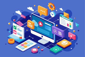 Obraz premium Business person interacting with a futuristic digital marketing interface, showcasing online advertising analytics, data charts, email marketing, and campaign performance metrics on a virtual screen. 