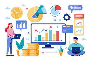 Business person interacting with a futuristic digital marketing interface, showcasing online advertising analytics, data charts, email marketing, and campaign performance metrics on a virtual screen. 