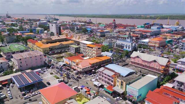 Aerial of Georgetown city center with Stabroek Market and Demerara River Guyana