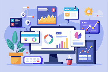 Business person interacting with a futuristic digital marketing interface, showcasing online advertising analytics, data charts, email marketing, and campaign performance metrics on a virtual screen. 