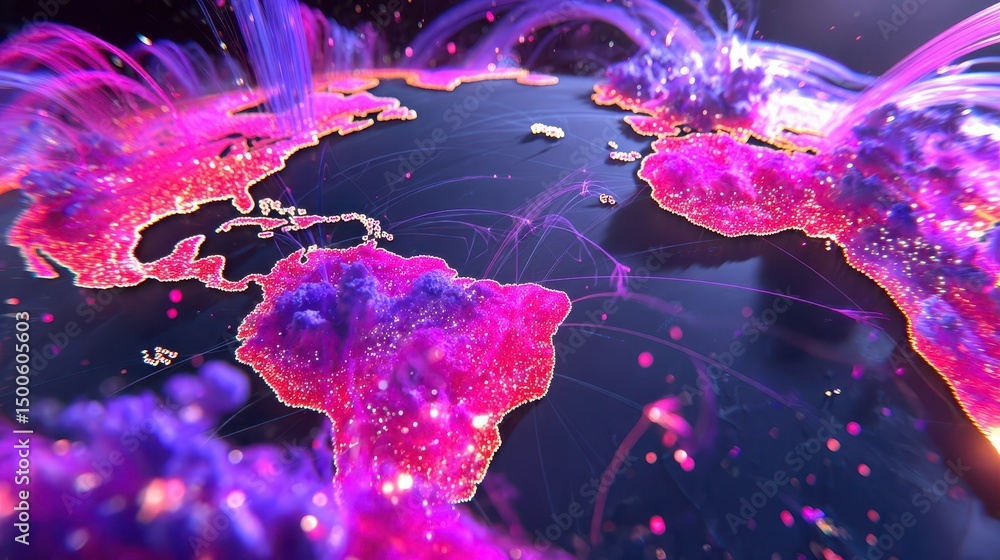 Sticker global network connection, data visualization, digital world concept with glowing continents