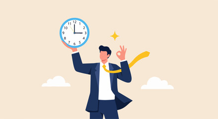 Illustration of a confident businessperson holding a clock and gesturing positivity, symbolizing time management, productivity, and success, framed by a light background with clouds.
