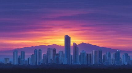Fototapeta premium Majestic City Skyline at Sunset Purple Pink Hues Mountains
