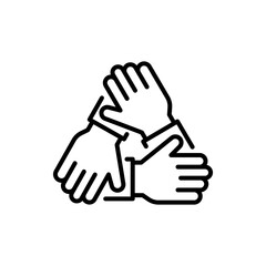 Three hands support each other line icon. Simple outline style. Team, hand, work together, partnership, group, help, concept of teamwork.