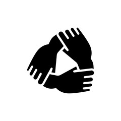 Three hands support each other glyph icon. Simple solid style. Team, hand, work together, partnership, group, help, concept of teamwork.