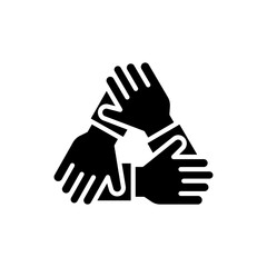 Three hands support each other glyph icon. Simple solid style. Team, hand, work together, partnership, group, help, concept of teamwork.