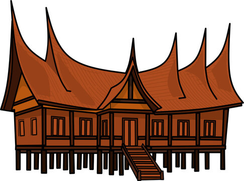 Rumah adat gadang, traditional house vecctor illustration design template elements, ancient architecture of minang or minangkabau indonesia, flat design color illustration