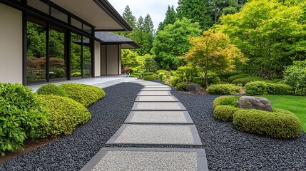 Fototapeta premium A modern stone pathway leads through a serene Japanese garden with green shrubs, manicured trees, and a minimalist building in the background.
