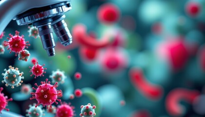 a microscope with a slide, set against a vibrant backdrop of red flowers with bees, capturing a detailed view of nature's close in