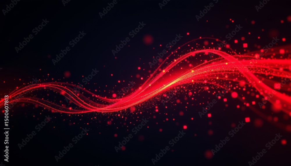 Poster an abstract design with dynamic red lights that create a flowing, wavy effect against a dark backgro