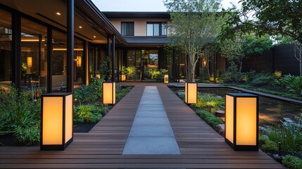 A serene, modern courtyard with wooden walkway, glowing lanterns, lush greenery, and a tranquil water feature near a contemporary house.