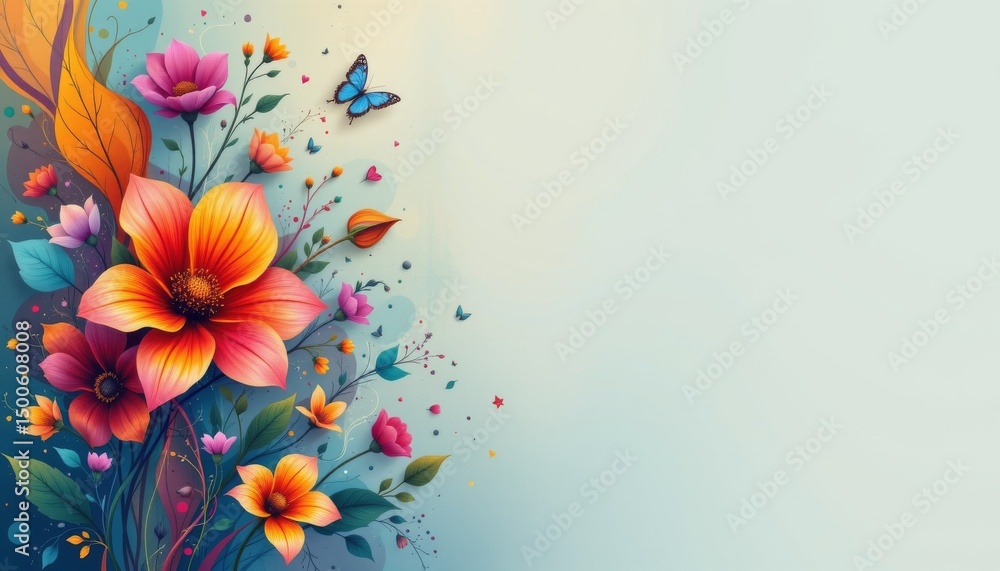 Poster a floral themed design with a vibrant array of flowers and butterflies against a colorful background