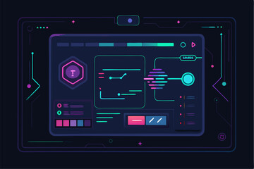 Obraz premium Business person interacting with a futuristic digital marketing interface, showcasing online advertising analytics, data charts, email marketing, and campaign performance metrics on a virtual screen. 